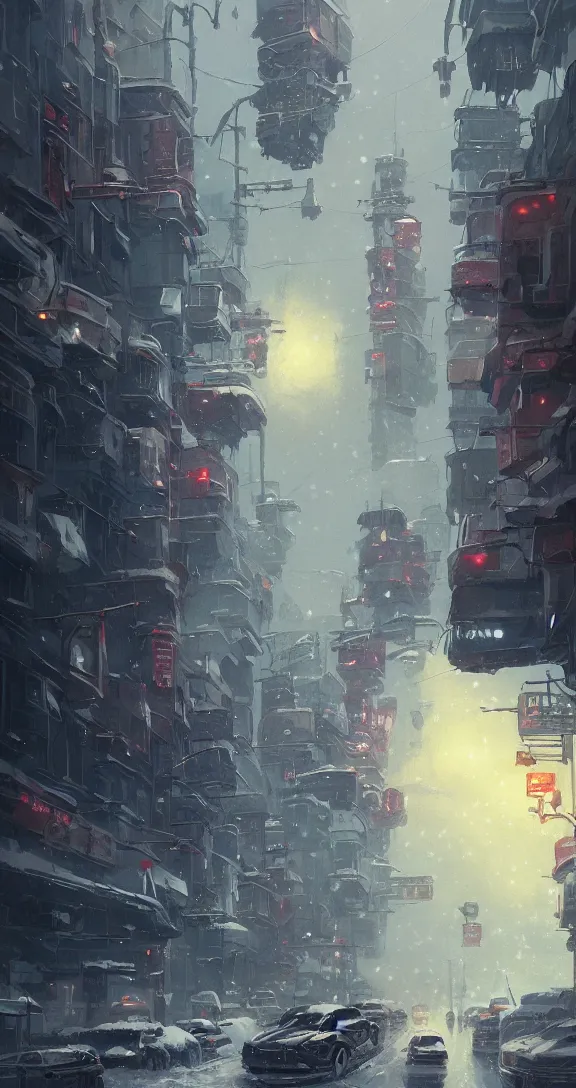 Image similar to Traffic in a snowy city, bright, pretty, by Studio Ghibli and Greg Rutkowski, artstation