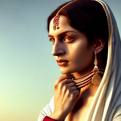 Image similar to photographic portrait of a stunningly beautiful renaissance female in traditional sari dress, white irises and dark eye makeup, in soft dreamy light at sunset, god rays, contemporary fashion shoot, by edward robert hughes, annie leibovitz and steve mccurry, david lazar, jimmy nelsson, extremely detailed, hyperrealistic, perfect face, octane render