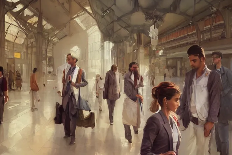 Image similar to Anxious good looking pale young Indian doctors wearing American clothes at the airport, portrait, elegant, intricate, digital painting, artstation, concept art, smooth, sharp focus, illustration, art by artgerm and greg rutkowski and alphonse mucha