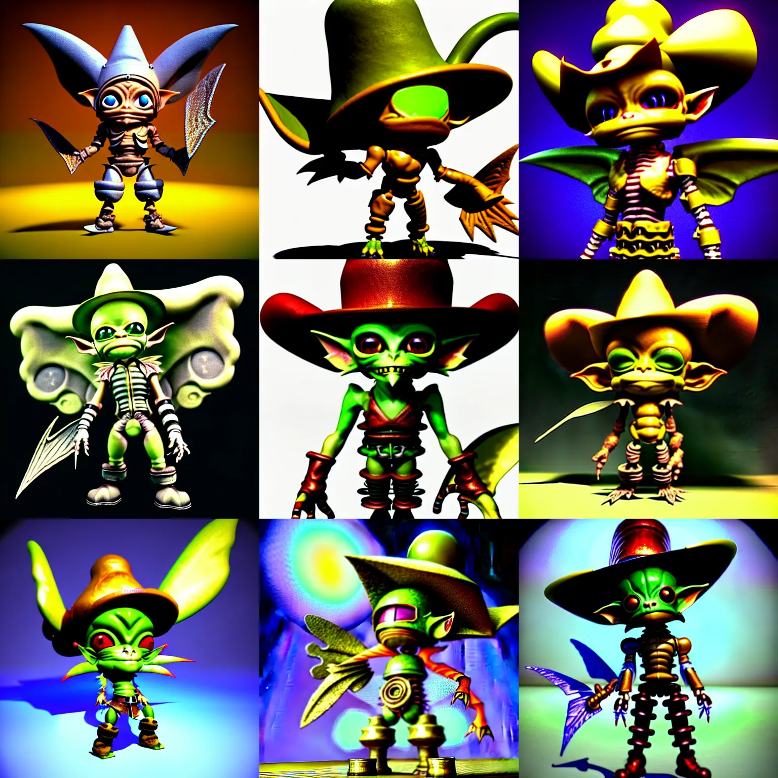 Prompt: vintage cgi 3 d render of chibi cyborg goblin in the style of micha klein final fantasy ix by ichiro tanida wearing a big cowboy hat and wearing angel wings against a psychedelic swirly background with 3 d butterflies and 3 d flowers n the style of 1 9 9 0's cg graphics 3 d rendered by micha klein lightwave, 3 do magazine