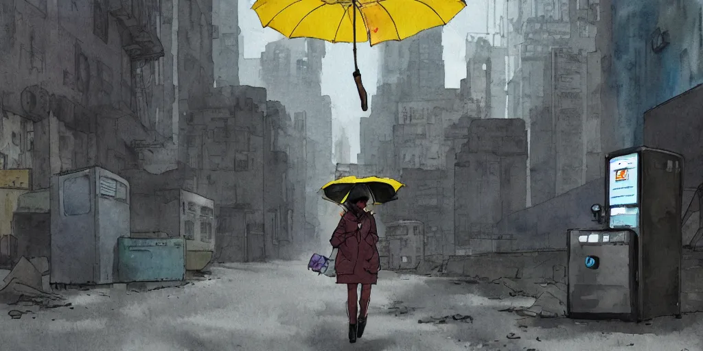 Image similar to a dusty deserted city, a girl with a parka and a yellow umbrella, broken vending machines, ultrawide, simple watercolor in the style of Ghost in the Shell