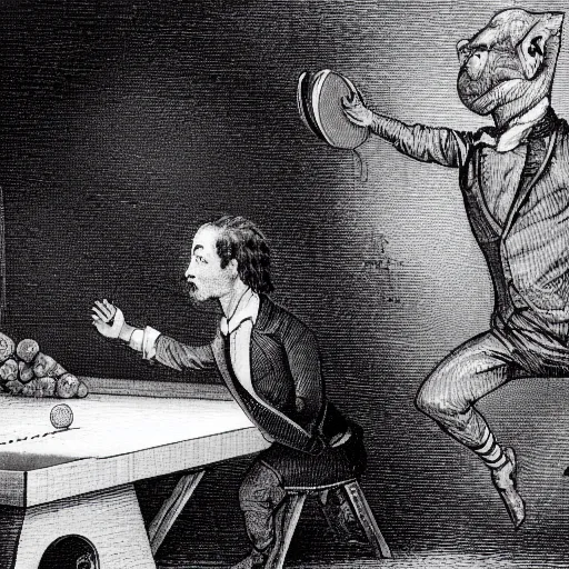 Prompt: portrait of a jeff bezos playing ping pong with mark zuckerberg, gothic, cat eyes, hair waving in the wind, high detail, illustration by gustav dore