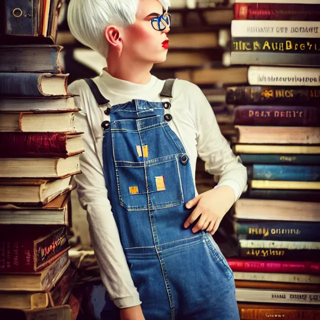 Image similar to full body pose, beautiful adult book fairy, pixar, short white hair shaved sides, dirty, grungy, grunge, long sleeve, painted overalls, stacks of giant books, highly detailed, 4 k, hdr, smooth, sharp focus, high resolution, award - winning photo, artgerm, photorealistic