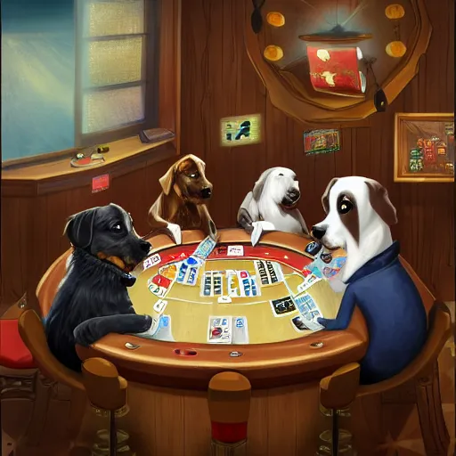 Image similar to dogs playing poker, digital art, artstation, high details