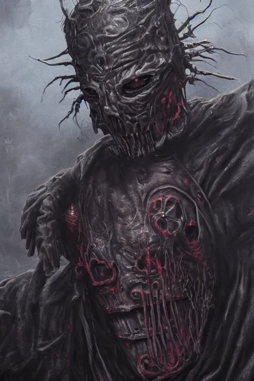 Prompt: a full body high detail fantasy portrait oil painting illustration of slipknot band bloodborne by justin sweet with face and body clearly visible, in a scenic background, insane, realistic proportions, d & d, rpg, forgotten realms, artstation trending, high quality, sombre mood, artstation trending, muted colours, entire person visible!