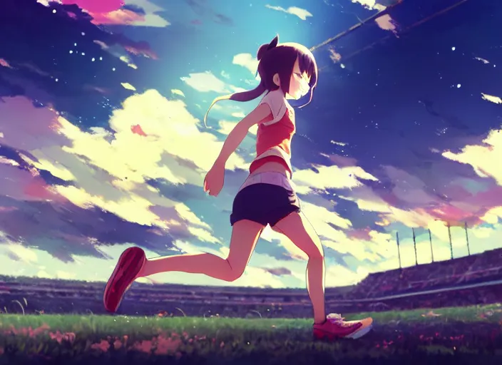 Prompt: cute runner girl, smoky sunny sky background stadium landscape illustration concept art anime key visual trending pixiv fanbox by wlop and greg rutkowski and makoto shinkai and studio ghibli and kyoto animation sports clothing marathon running shoes