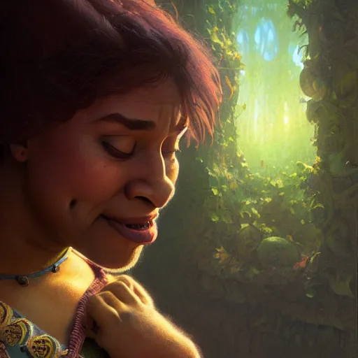 Prompt: shrek crying, brown skin, highly detailed, digital painting, artstation, concept art, sharp focus, illustration, art by greg rutkowski and alphonse mucha