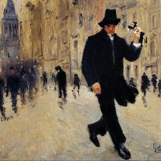 Image similar to the man in black and a revolver in hand walking around a city, impressionist painting