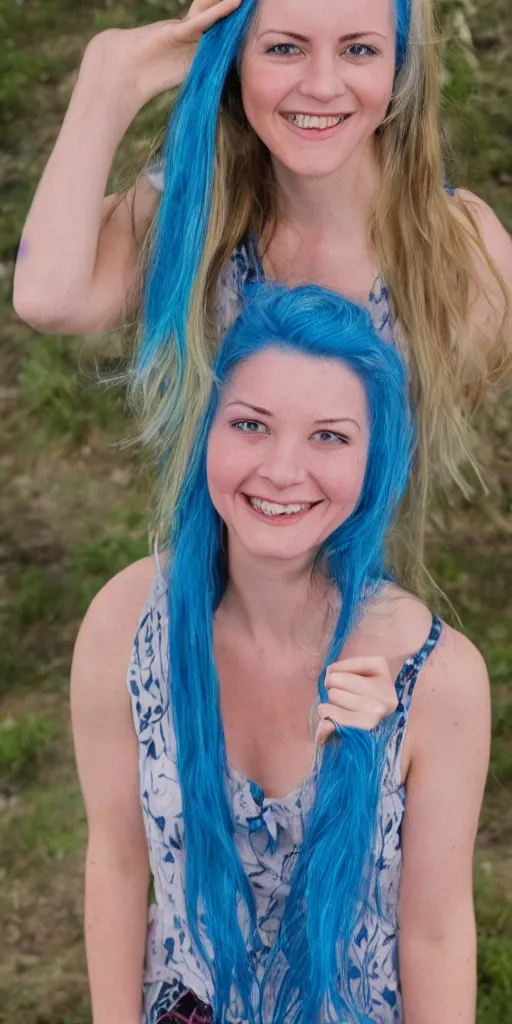 Image similar to emma wattson with blue hair smiling
