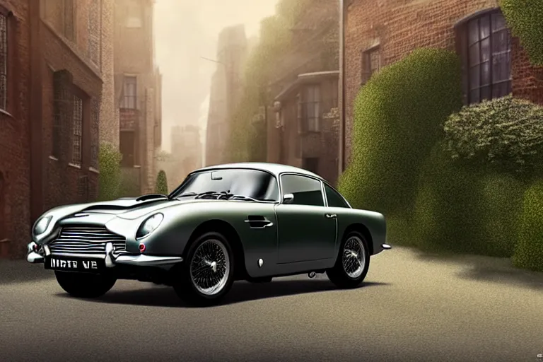 Image similar to a wholesome animation key shot of one focused shortened aston martin db 5, in a rich london mews residential street, waist height, medium range, studio ghibli, ( pixar ) and disney animation, sharp, very detailed, unreal engine 5 render, bloom, high resolution, anime key art by greg rutkowski