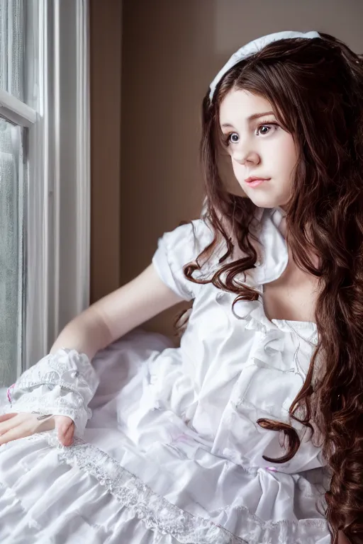 Prompt: a girl in a maid's outfit in the bedroom a night, raining outside the window, wavy white long hair, by rei _ 1 7, detailed eyes, 4 k resolution