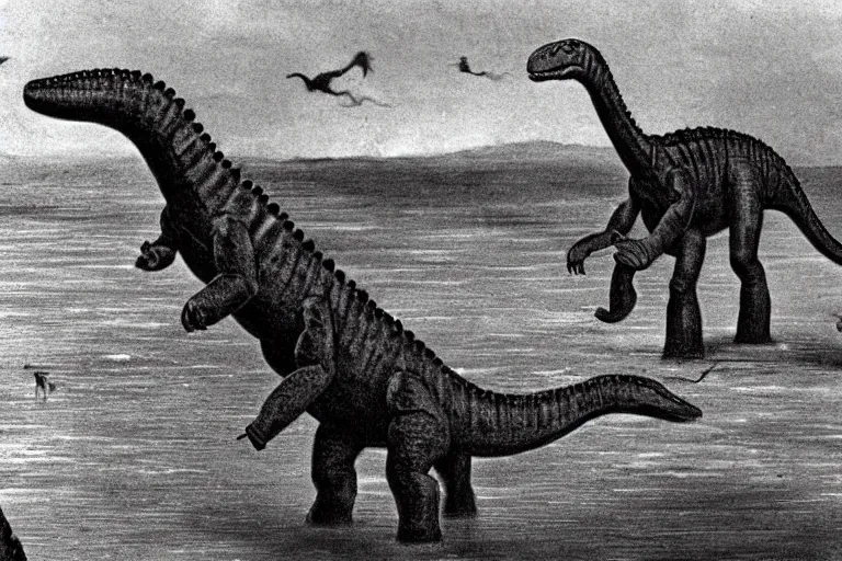 Image similar to The first picture ever taken on earth, at the time of dinosaurs, 65 million years ago. There are diplodocus and a stegosaurs. The edges of the picture were partially burned in a fire, long time ago. And a flood has left stain marks on the picture