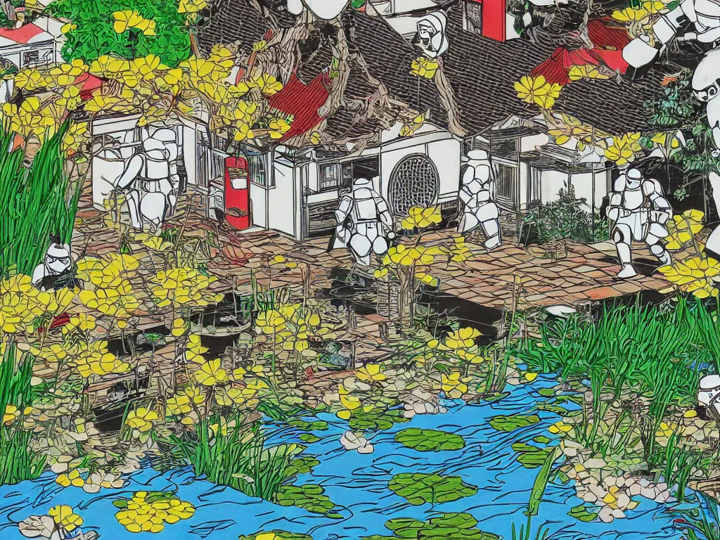 Image similar to detailed close - up image of the japanese home with a garden and a pond, 2 stormtroopers sitting around it, pop - art style, jacky tsai style, andy warhol style, roy lichtenstein style, rich palette, acrylic on canvas