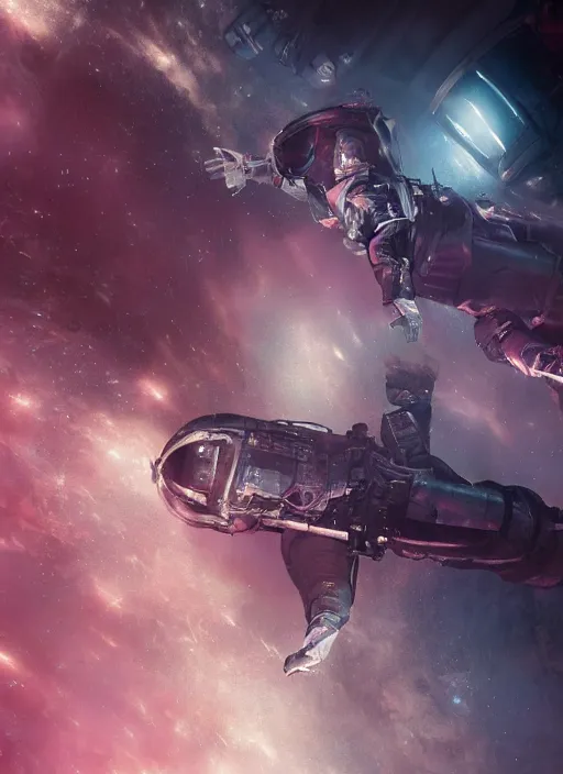 Image similar to complex poster by craig mullins astronaut in futuristic dark and empty spaceship underwater. infrared pink glowing lights. complex and hyperdetailed technical suit. reflection and dispersion materials. rays and dispersion of light. volumetric light. 5 0 mm, f / 3 2. noise film photo. flash photography. unreal engine 4, octane render. interstellar movie art