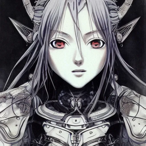 Prompt: yoshitaka amano realistic illustration of an anime girl with black eyes, wavy white hair fluttering in the wind and cracks on her face wearing elden ring armour with engraving, abstract black and white patterns on the background, noisy film grain effect, highly detailed, renaissance oil painting, weird portrait angle, blurred and dreamy portrait, three quarter angle, evangelion color palette