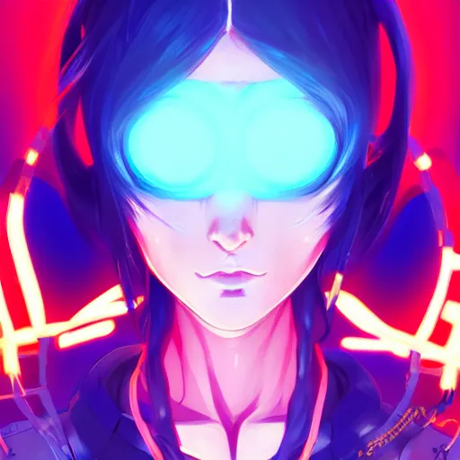 Image similar to digital cyberpunk anime character concept art, gorgeous anime girl symmetrical face, small female android cyborg - angel, glowing red left eye and glowing blue right eye, fullbody!! wlop, rossdraws sakimimichan, ilya kuvshinov, krenz cushart, greg rutkowski.