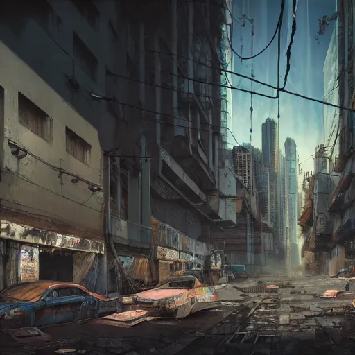 Image similar to hyperrealistic matte painting of a desolate city street, shadows of cyberpunk drifters roaming tall abandoned buildings, intricate detail, vr, cables, distortions, piping, 8 k resolution, by hugh ferris, concept art, trending on artstation