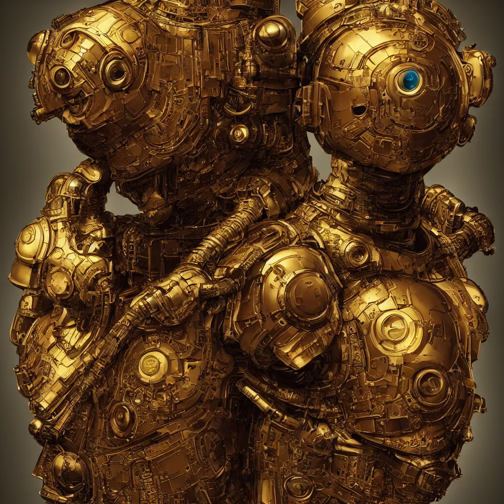 Image similar to cinematic bust portrait of futuristic god robot, head and chest only, part by Norman Rockwell, part by maxfield parrish, part by Mattias Adolfsson part by Moebious, high angle, intricate, detailed, volumetric lighting, oil on canvas, HD, HDR, 4K, 8K , nice colors, hyper-realistic