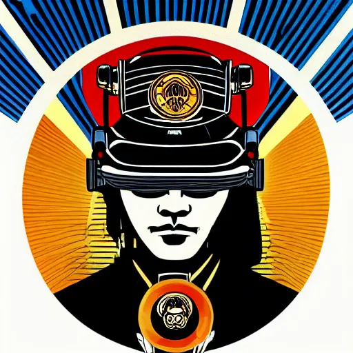 Image similar to !dream Illustrated by Shepard Fairey and H.R. Geiger | Cyberpunk Samurai with VR helmet, surrounded by cables