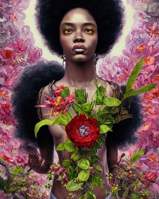 Image similar to portrait of the afro - american queen of the underworld, surrounded by flowers by karol bak, james jean, tom bagshaw, rococo, sharp focus, trending on artstation, cinematic lighting, hyper realism, octane render, 8 k, hyper detailed.