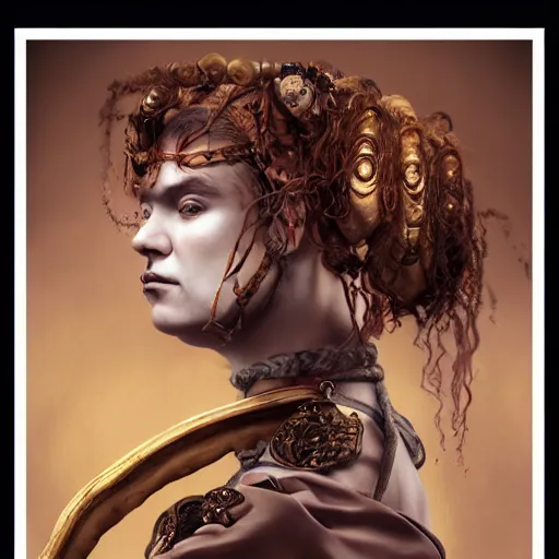 Image similar to portrait of a Shibari rope wrapped face and neck, headshot, insanely nice professional hair style, dramatic hair color, digital painting, of a old 15th century, roman gladiator, amber jewels, baroque, ornate clothing, scifi, realistic, hyperdetailed, chiaroscuro, concept art, art by Franz Hals and Jon Foster and Ayami Kojima and Amano and Karol Bak,