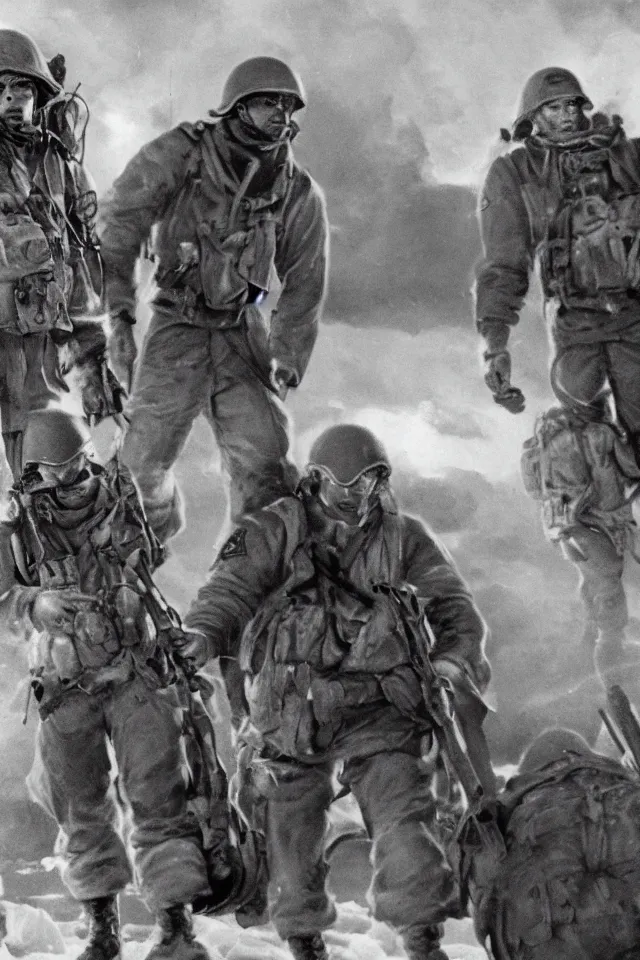 Image similar to a portrait of ww 2 american soldiers entering the star gate to agartha from antarctica, realistic, highly detailed, fantasy, early 2 1 st century film quality, b & w, 4 k