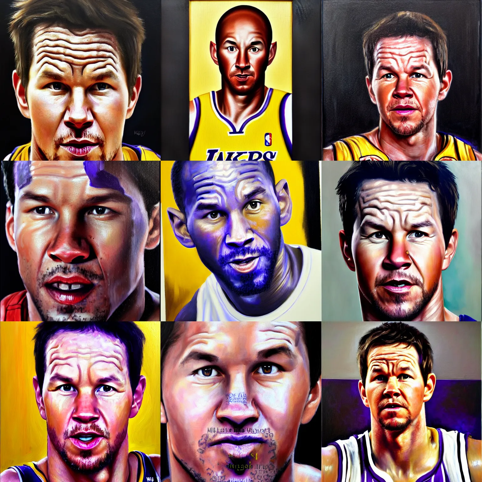 Image similar to portrait of mark wahlberg in makeup as kobe bryant, oil on canvas by william sidney mont, trending on art station