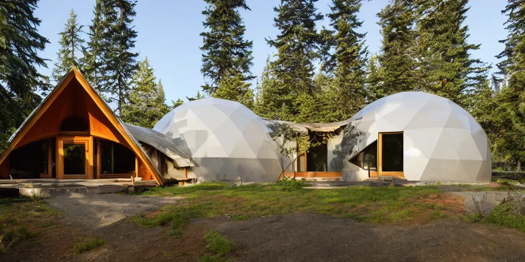 Image similar to large geodesic dome residence, pacific northwest, cedar and white concrete, many windows, triangular elements designed by frank lloyd wright and olson kundig