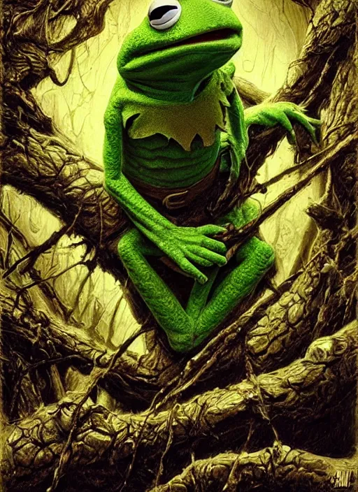 Prompt: portrait of Kermit the frog in Evil Dead (2013), highly detailed, centered, solid color background, digital painting, artstation, concept art, smooth, sharp focus, illustration, artgerm, donato giancola, Joseph Christian Leyendecker, Les Edwards, Ed Repka, WLOP, Artgerm