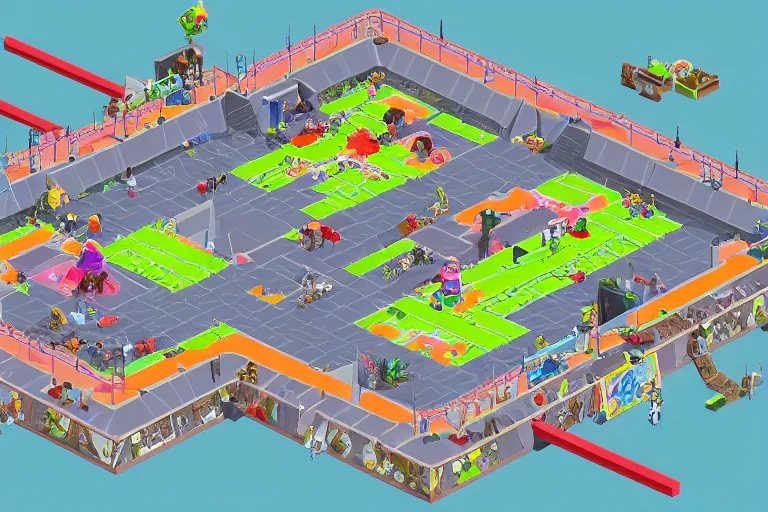 Prompt: isometric view of a multi - leveled brawling arena, inspired by modern skate parks and modern chinese playgrounds in the style of splatoon, nintendo, day