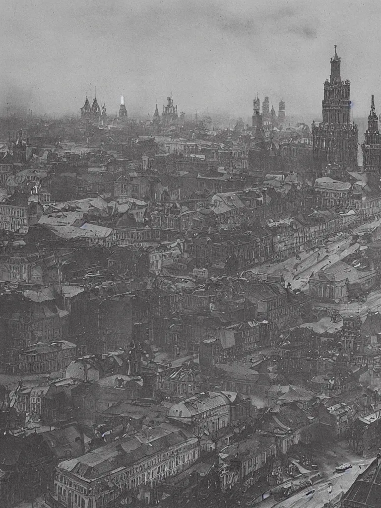 Prompt: a large dieselpunk and steampunk cityscape at dusk in russia during the 1 9 1 0 revolution, kremlin