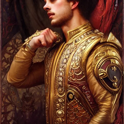 Image similar to attractive fully clothed king confesses his love for his attractive fully clothed male prince. highly detailed painting by gaston bussiere, tom bagshaw, j. c. leyendecker