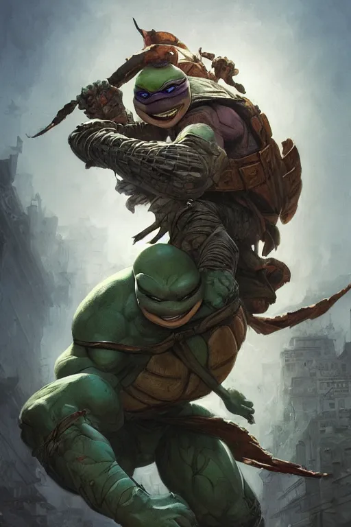 Image similar to teenage mutant ninja turtle, Leonardo, marvel, dark, intricate, highly detailed, smooth, artstation, digital illustration by Ruan Jia and Mandy Jurgens and Artgerm and Wayne Barlowe and Greg Rutkowski and Zdislav Beksinski