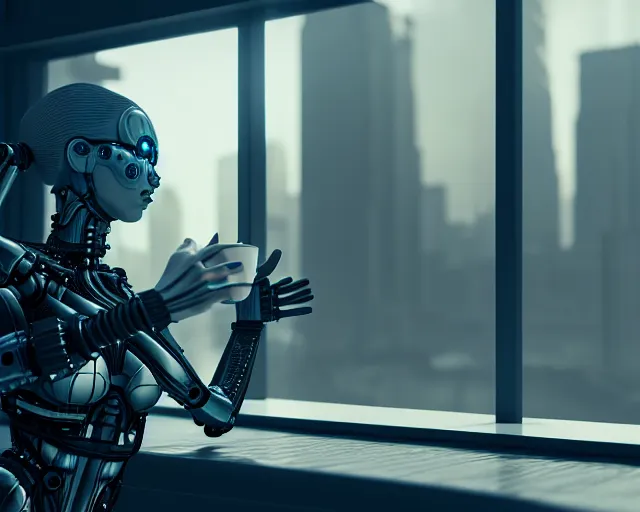 Image similar to armored female with biomechanical cybernetic body is drinking coffee near a window with dystopian city visible outside. very detailed 8 k. cyberpunk fantasy style. unreal engine render. global illumination. nanite. rtx. path tracing.