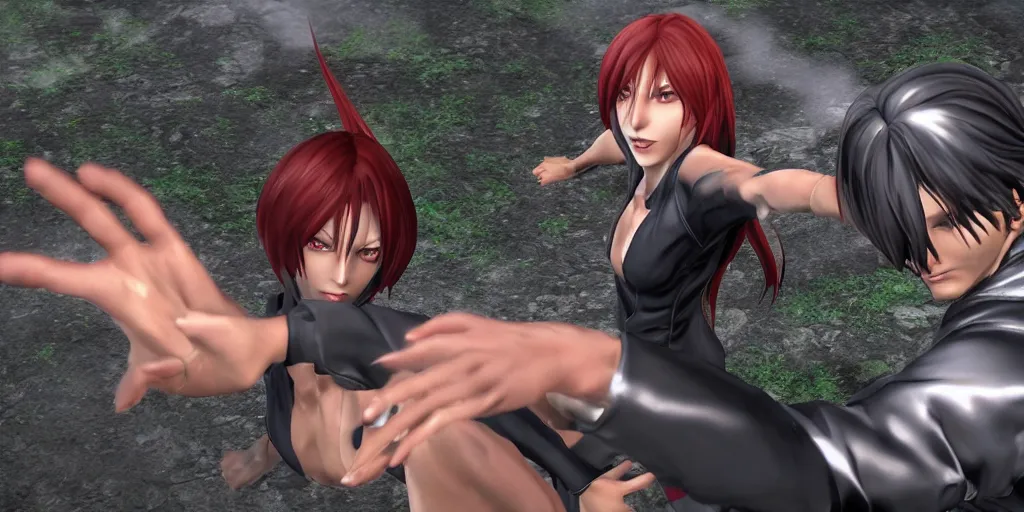 Prompt: iori yagami beating orochi in an open world game, hyperralistic, unreal engine, 8 k, raytracing, subsurface scattering, high resolution textures