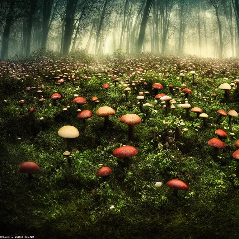 Image similar to a planet of various fungus, mushrooms, flowers and plants, inside the picture is infinity, Atmospheric, artistic photography, conceptual, long exposure outside the city, volumetric light