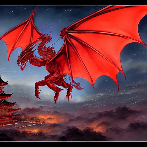 Prompt: Stunning Portrait of A Red dragon flying above a Feudal Japan temple, during a fire works festival at night by Kim Jung Gi, Blizzard Concept Art Studio Ghibli. oil paint. 4k. by brom, Pixiv cute anime girl wearing police gear by Ross Tran, Greg Rutkowski, Mark Arian, soft render, octane, highly detailed painting, artstation