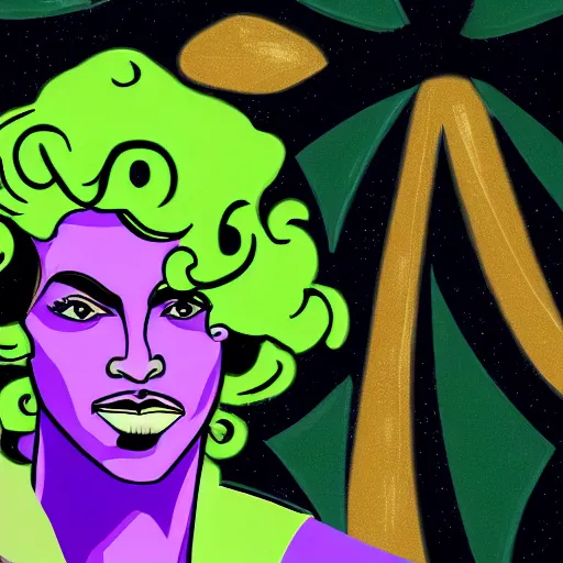 Image similar to an illustration of prince as the villain gemini. half his face is white with green hair.