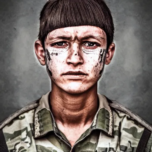 Prompt: soldier!!!!! portrait! pain, eyes, shoulders!!!!!!, sadness, photography