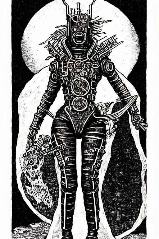 Image similar to beyonce, clockwork warforged, as a d & d monster, full body, pen - and - ink illustration, etching, by russ nicholson, david a trampier, larry elmore, 1 9 8 1, hq scan, intricate details, inside stylized border