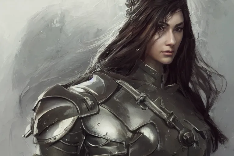 Image similar to a finely detailed portrait of an attractive young woman, clothed in battle armor, olive skin, long dark hair, beautiful bone structure, symmetrical facial features, intricate, elegant, digital painting, trending on Artstation, concept art, smooth, sharp focus, illustration, from Metal Gear by Ruan Jia and Mandy Jurgens and Artgerm and and william-adolphe bouguerea, award winning