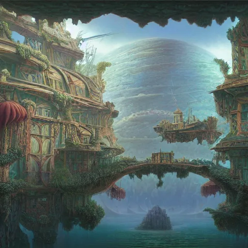 Prompt: a beautiful render of a floating society by hubert robert and daniel merriam and roger dean and jacek yerka, alex grey style, soft lighting