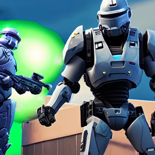 Image similar to Master Chief and Robocop sharing a pizza, a screenshot from Fortnite