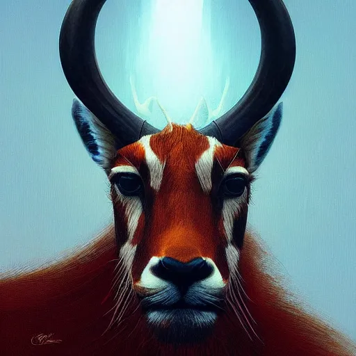 Image similar to a dramatic head portrait of a antelope in tiger skin, cinematic lighting, symmetric face by karol bak, christopher balaskas