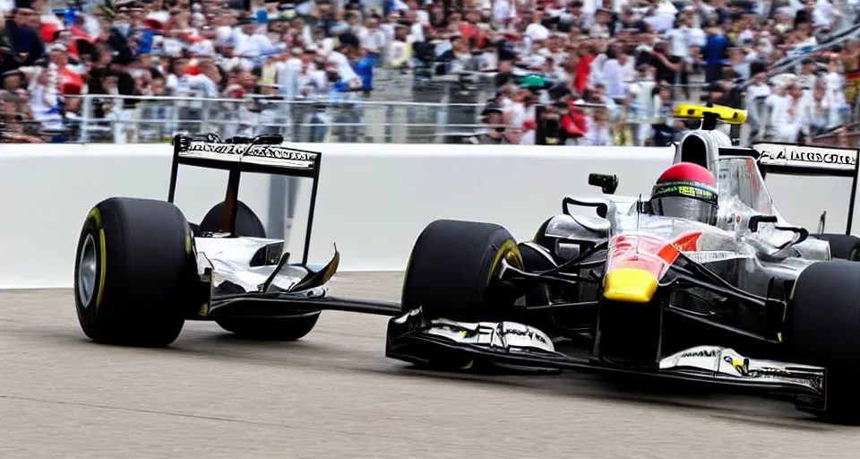 Prompt: a formula 1 car competes against runners in the 1 0 0 meter dash