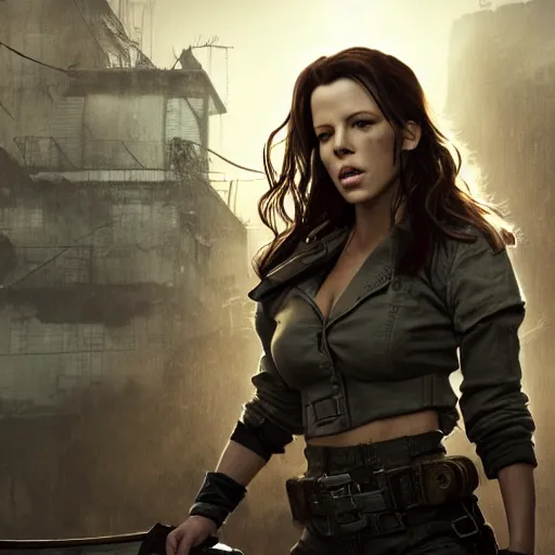 Prompt: fallout 5, charismatic beautiful rugged young kate beckinsale with katana, portrait, outdoors ruined cityscape, atmospheric lighting, painted, intricate, volumetric lighting, beautiful, daytime, sunny weather, slight overcast, sharp focus, deep colours, ultra detailed, by leesha hannigan, ross tran, thierry doizon, kai carpenter, ignacio fernandez rios