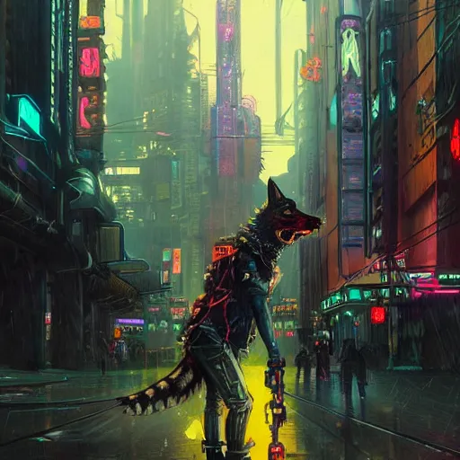 Prompt: anthropomorphic coyote character wearing black cyberpunk skater clothes with neon highlights in a cyberpunk city. Renowned character illustration by greg rutkowski, thomas kindkade, alphonse mucha, loish, norman rockwell. Trending on artstation 4k. Highly detailed. Digital art.