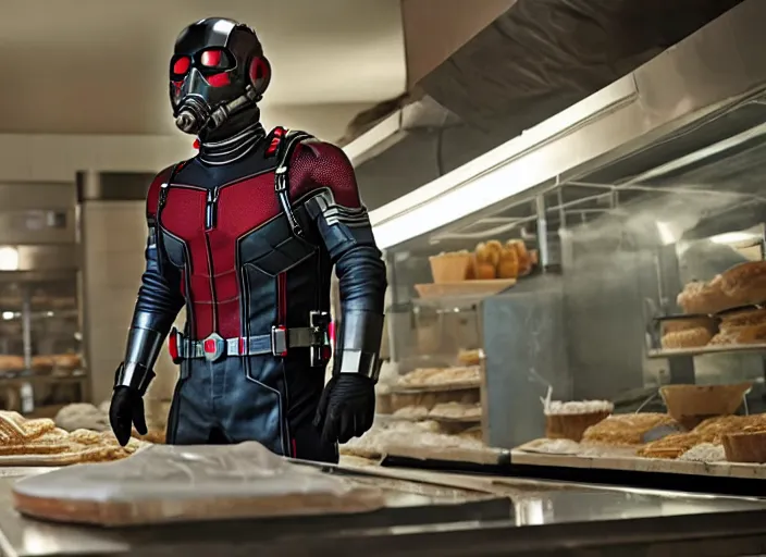 Image similar to film still of Antman working in a bakery in the new Avengers movie, 4k