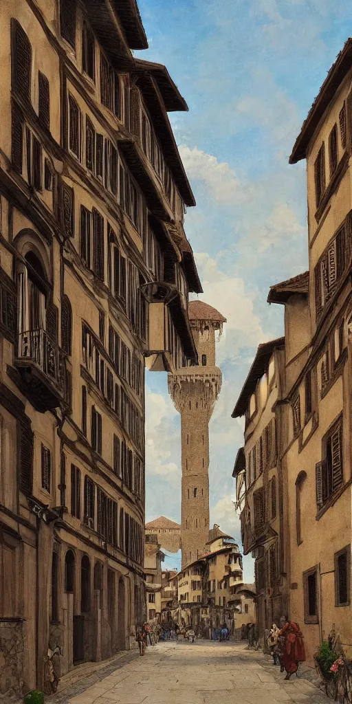 Image similar to florence old street in 1 6 th century with a tower in background by hiroshi yoshida, trending on artstation