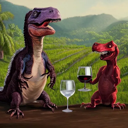 Prompt: two jurassic park velociraptors toasting glass of wine, wide shot painting by wlop rutkowsky cgsociety artstation deviantart